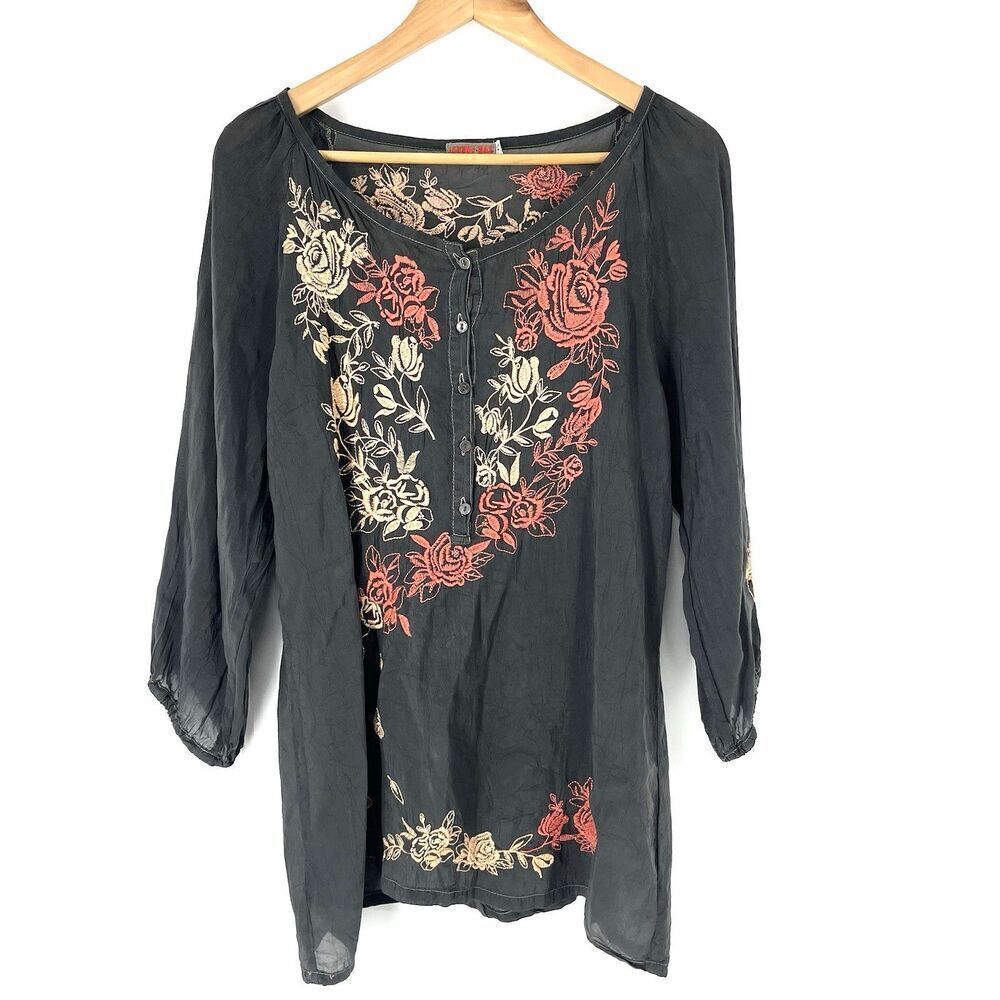 Johnny Was Tunic Top Size XS Gray Embroidered Boho Henley Festival Silky Sheer